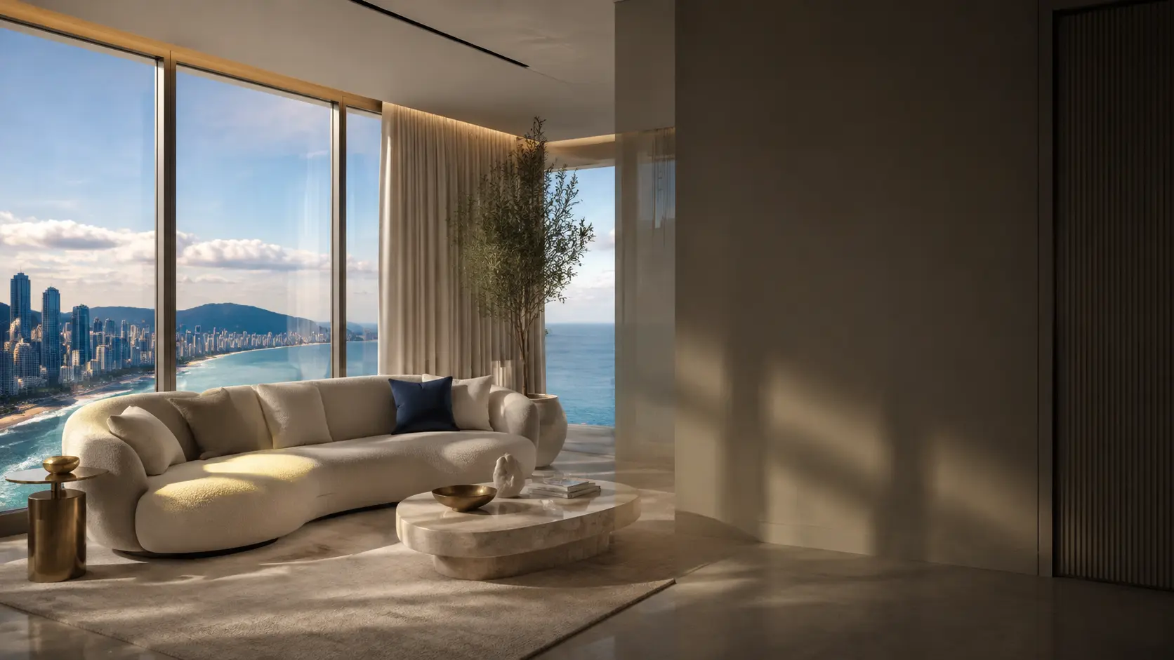 Sala sofisticada de apartamento frente-mar em Balneário Camboriú